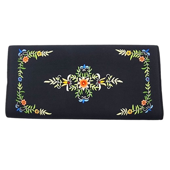 Vintage Clutch Floral Hand Embroidered Black Silk 1950s Purse Evening Handbag - Picture 2 of 7